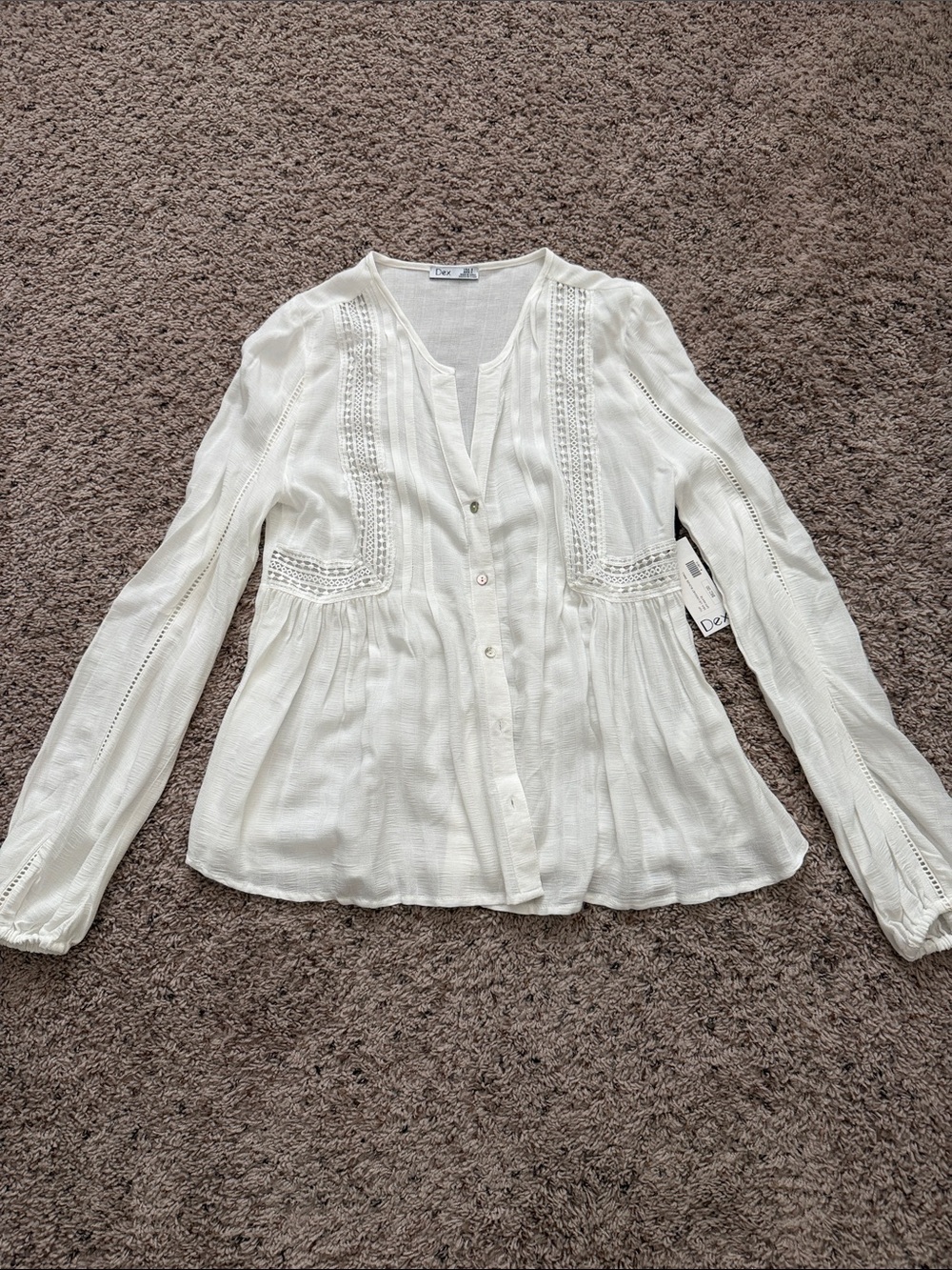 Dex Cream Button-Front Peasant Blouse with Lace Trim